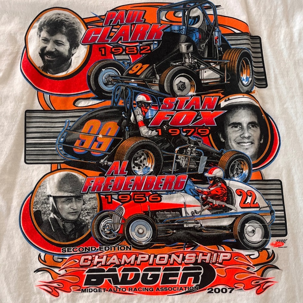 2007 Badger Midget Racing Championship T-shirt XL White Paul Clark Stan Fox
